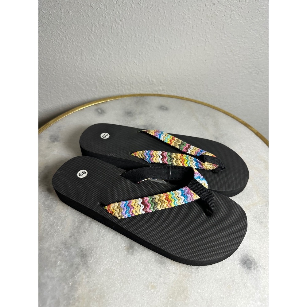 Womens‎ Platform Flip Flops Multi Color Woven Strap Wedge Sandals Black